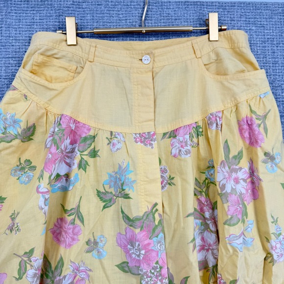 Vtg Floral Skirt‎ Women's Sz M Cottage Fairy Y2K Yellow Pink Button Midi Cotton - Picture 10 of 11